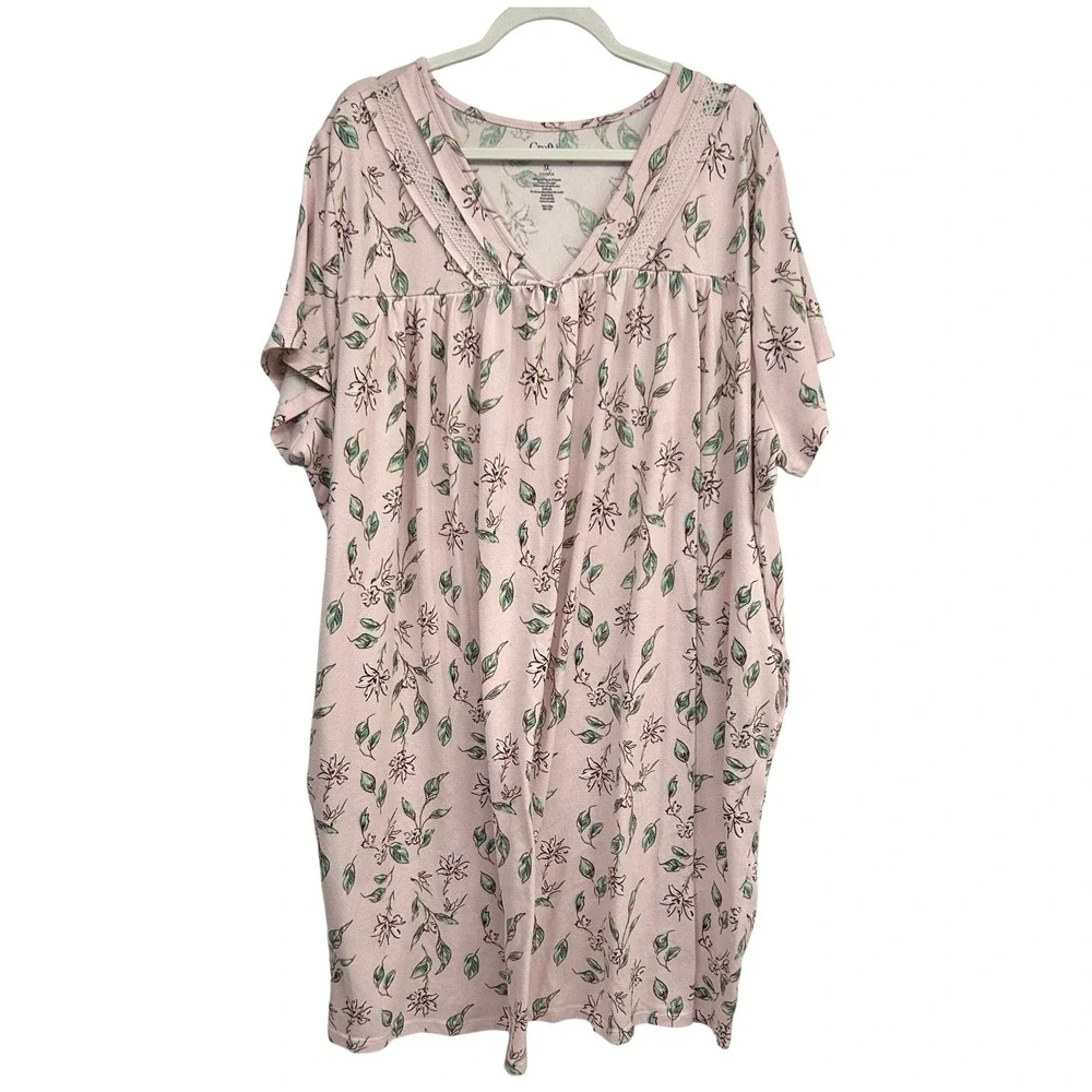 Croft & Barrow Floral Lace Trim Nightgown 3X Pink Cottagecore Loungewear Pockets
